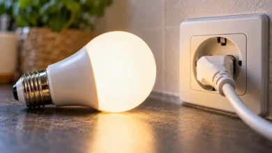 Primer plano de una bombilla LED encendida junto a un enchufe doméstico para ilustrar el ahorro de electricidad en el hogar.