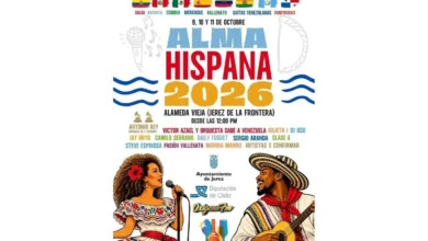 Cartel de Alma Hispana 2026 con el nombre del evento, fechas 9, 10 y 11 de octubre y referencias a música latina y gastronomía