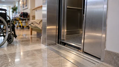 Primer plano de las puertas metálicas de un ascensor y sus guías inferiores en un entorno interior.