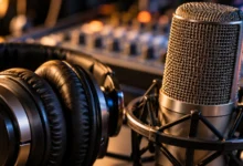Primer plano de unos auriculares profesionales junto a un micrófono de estudio, con iluminación cálida y fondo desenfocado.