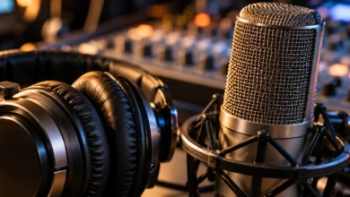 Primer plano de unos auriculares profesionales junto a un micrófono de estudio, con iluminación cálida y fondo desenfocado.