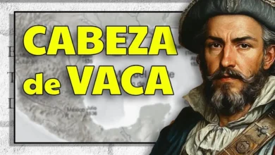 Composición gráfica con el texto CABEZA de VACA, un retrato ilustrado del explorador y un mapa al fondo