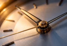 Primer plano de un reloj analógico con agujas y detalles metálicos, asociado al debate sobre el cambio de hora en España.