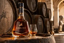 Propuesta visual de una botella de Carlos I Single Malt junto a botas de madera en una bodega tradicional de Jerez