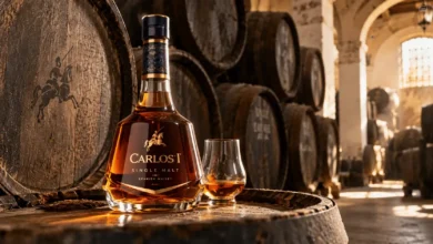 Propuesta visual de una botella de Carlos I Single Malt junto a botas de madera en una bodega tradicional de Jerez