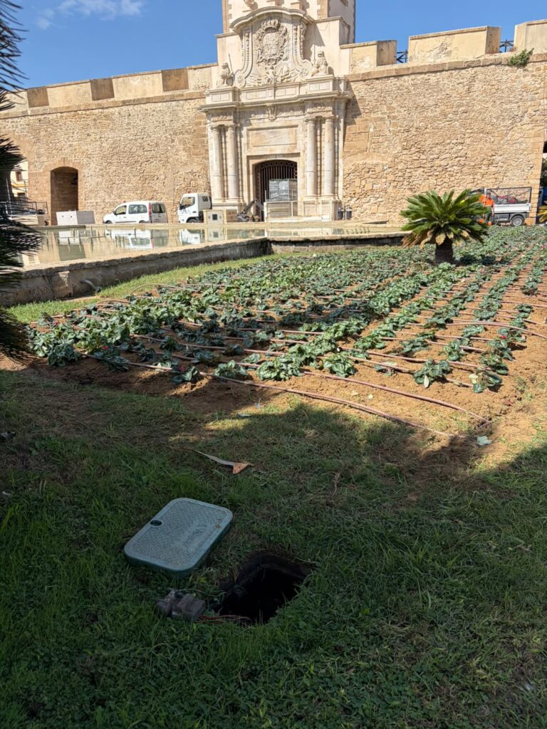 Zona ajardinada con hileras de plantas y sistema de riego junto a una puerta histórica de Cádiz