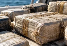 Primer plano de varios fardos de cocaína envueltos en material de embalaje, con textura rugosa y luz lateral.