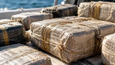 Primer plano de varios fardos de cocaína envueltos en material de embalaje, con textura rugosa y luz lateral.
