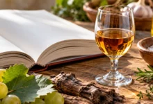 Libro de cocina abierto junto a una copa de vino de color ámbar sobre una superficie de madera.