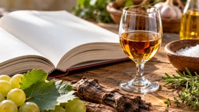 Libro de cocina abierto junto a una copa de vino de color ámbar sobre una superficie de madera.