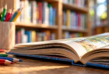 Libro de cuentos abierto junto a lápices de colores sobre una mesa, relacionado con las actividades gratuitas en Jerez para familias.
