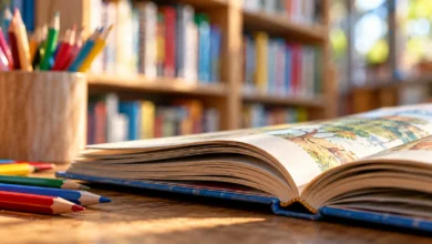 Libro de cuentos abierto junto a lápices de colores sobre una mesa, relacionado con las actividades gratuitas en Jerez para familias.