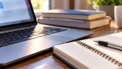 Primer plano de un ordenador portátil, un cuaderno y material de estudio sobre una mesa de trabajo.