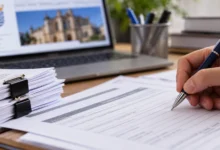 Primer plano de documentos de solicitud de empleo público, un bolígrafo y un calendario desenfocado sobre una mesa.