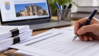Primer plano de documentos de solicitud de empleo público, un bolígrafo y un calendario desenfocado sobre una mesa.