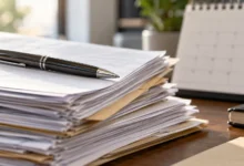 Primer plano de documentos de solicitud de empleo público, un bolígrafo y un calendario sobre una mesa de trabajo.