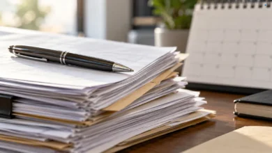 Primer plano de documentos de solicitud de empleo público, un bolígrafo y un calendario sobre una mesa de trabajo.