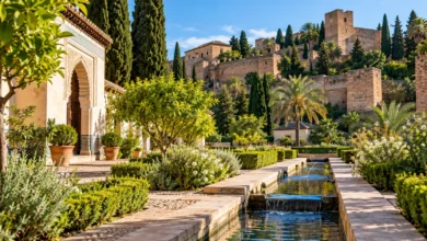 Jardín de inspiración hispanoárabe en Málaga con vegetación mediterránea, agua y arquitectura histórica