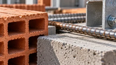 Primer plano de materiales de construcción, con bloques cerámicos, hormigón y detalles metálicos dispuestos sobre una superficie de trabajo.