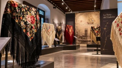 Varios mantones de Manila de seda bordada expuestos en una sala cultural de Cádiz