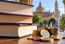 Libros apilados junto a monedas de euro sobre una mesa, una composición que relaciona la actividad cultural con el gasto público.