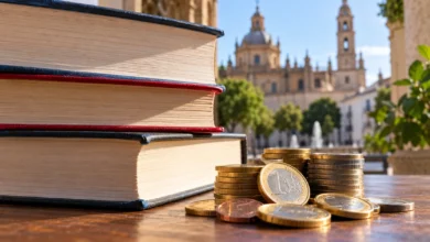Libros apilados junto a monedas de euro sobre una mesa, una composición que relaciona la actividad cultural con el gasto público.