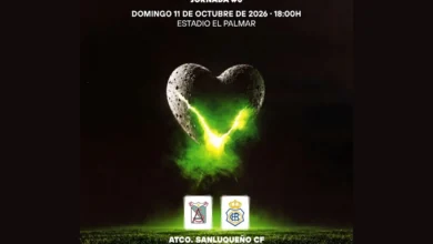Cartel del Atlético Sanluqueño-Recreativo de Huelva con un corazón rocoso iluminado en verde sobre un fondo oscuro y el texto de la jornada 6, el 11 de octubre de 2026 a las 18:00 horas en el estadio El Palmar.