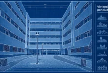 Representación gráfica azul de edificios residenciales alrededor de un patio, acompañada de una tabla con cifras de viviendas por ciudades.