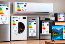 Conjunto de electrodomésticos con etiquetas energéticas visibles, formado por frigorífico, aire acondicionado, lavadora, lavavajillas, horno, microondas y televisor.