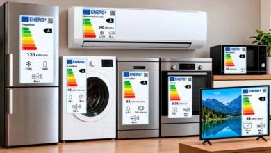 Conjunto de electrodomésticos con etiquetas energéticas visibles, formado por frigorífico, aire acondicionado, lavadora, lavavajillas, horno, microondas y televisor.