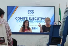 Dos mujeres sentadas detrás de una mesa durante una reunión, con varios asistentes en primer plano y una pantalla del PP de San Fernando al fondo.