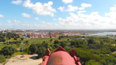 Vista panorámica de una zona arbolada con una cruz azul, una cubierta roja en primer plano, viviendas y agua al fondo.