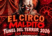 Cartel de El Circo Maldito en San Fernando con un payaso de terror, carpa circense, noria iluminada y el anuncio del Túnel del Terror 2026.