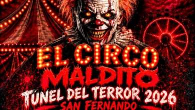 Cartel de El Circo Maldito en San Fernando con un payaso de terror, carpa circense, noria iluminada y el anuncio del Túnel del Terror 2026.