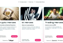Captura de la web de Learning Heroes con las tarjetas de Crypto Heroes, IA Heroes y Trading Heroes, sus fotografías y descripciones.