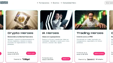 Captura de la web de Learning Heroes con las tarjetas de Crypto Heroes, IA Heroes y Trading Heroes, sus fotografías y descripciones.