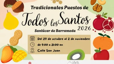 Cartel de los puestos tradicionales de Todos los Santos 2026 en Sanlúcar, con ilustraciones de frutas, fechas, horario y ubicación en la calle San Juan.