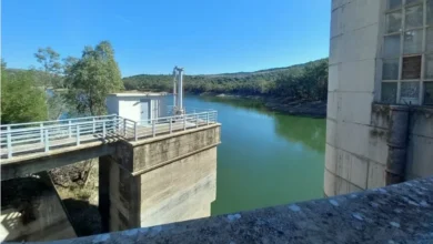 Vista de una infraestructura de hormigón con pasarelas y barandillas metálicas junto al agua verde de un embalse, rodeado de vegetación.