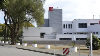 Exterior del Edificio Jerez 2002, con fachada blanca, torre de revestimiento metálico gris, árboles y maceteros junto a la acera.