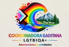 Diseño de la Coordinadora Gaditana LGTBIQA+ con un arcoíris multicolor, montañas, árboles, animales y el nombre de la entidad.