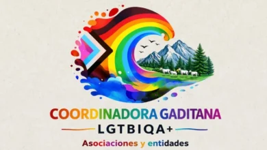 Diseño de la Coordinadora Gaditana LGTBIQA+ con un arcoíris multicolor, montañas, árboles, animales y el nombre de la entidad.