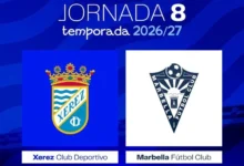 Cartel azul de la jornada 8 de la temporada 2026/27 con los escudos del Xerez Club Deportivo y Marbella Fútbol Club.