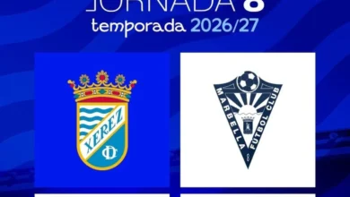 Cartel azul de la jornada 8 de la temporada 2026/27 con los escudos del Xerez Club Deportivo y Marbella Fútbol Club.