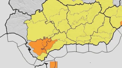 Mapa meteorológico con áreas de Andalucía representadas en amarillo y naranja, separadas mediante líneas negras.