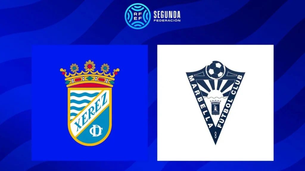 Gráfico deportivo con los escudos del Xerez Club Deportivo y el Marbella Fútbol Club, separados sobre un fondo azul con el emblema de Segunda Federación en la parte superior.