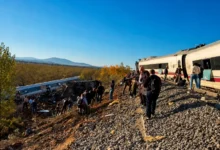 Dos trenes de pasajeros junto a una ladera, con personas alrededor de vagones inclinados sobre un terraplén.