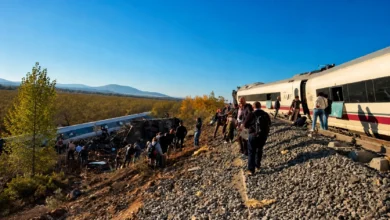 Dos trenes de pasajeros junto a una ladera, con personas alrededor de vagones inclinados sobre un terraplén.