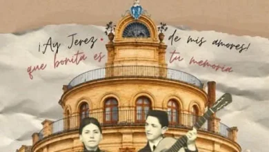 Cartel de la XXV Semana de las Personas Mayores de Jerez con el lema Ayer es hoy y una ilustración de dos figuras ante un edificio histórico.