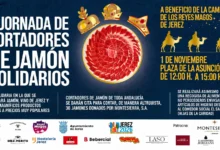 Cartel de la V Jornada de Cortadores de Jamón Solidarios con un plato de jamón, tres coronas y la información del evento en Jerez.