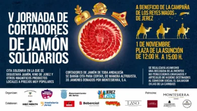 Cartel de la V Jornada de Cortadores de Jamón Solidarios con un plato de jamón, tres coronas y la información del evento en Jerez.